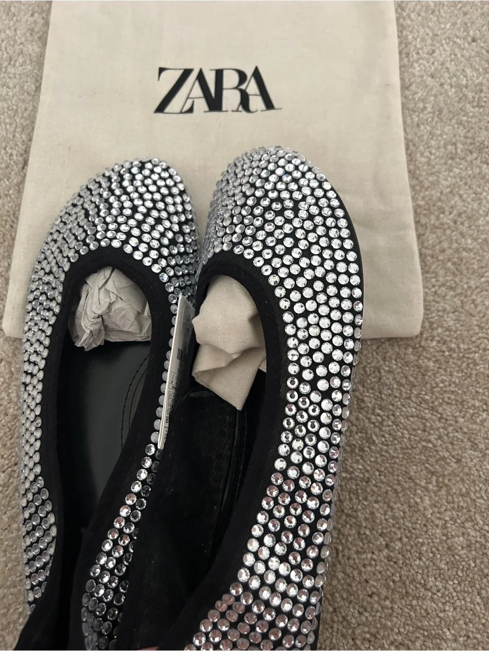Zara black ballet flats with silver rhinestones